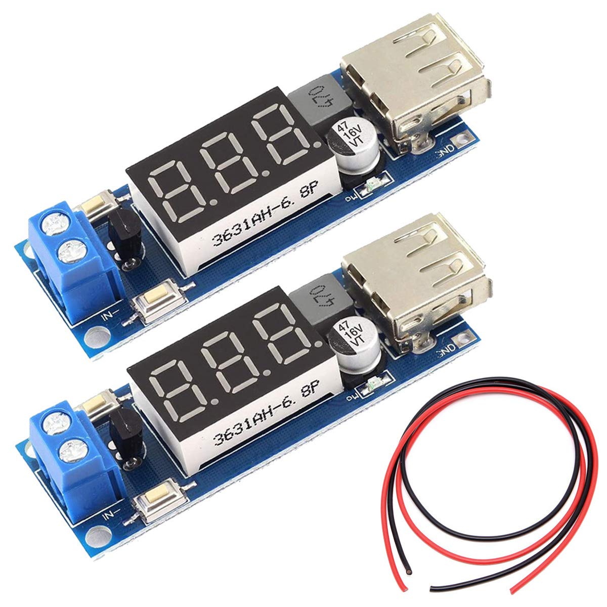 Youmile 2 Stück DC-DC Buck Spannungswandler 6,5-40V zu 5V 2A Abwärts USB Ausgangs Voltmeter Modul Low Power Transformator mit LED Anzeige, 24AWG Kabel Youmile 2 Stück DC-DC Buck Spannungswandler 6,5-40V zu 5V 2A Abwärts USB Ausgangs Voltmeter Modul Low Power Transformator mit LED Anzeige, 24AWG Kabel von Youmile