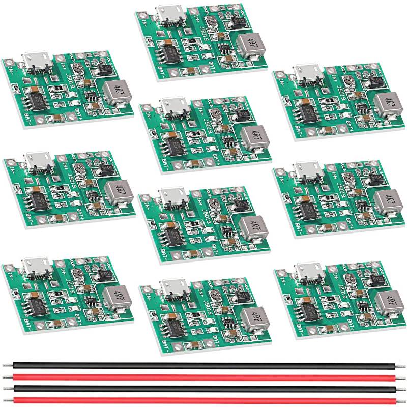 Youmile 2A USB 18650 Lithium-Li-Ionen-Akku-Lademodul, 3,7 V, 4,2 V bis 5 V, 9 V, 27 V, einstellbares DC-DC-Aufwärts-Boost-Modul, Lade- und Entlademodul mit 26 AWG rotem und schwarzem Kabel, 10er-Pack von Youmile