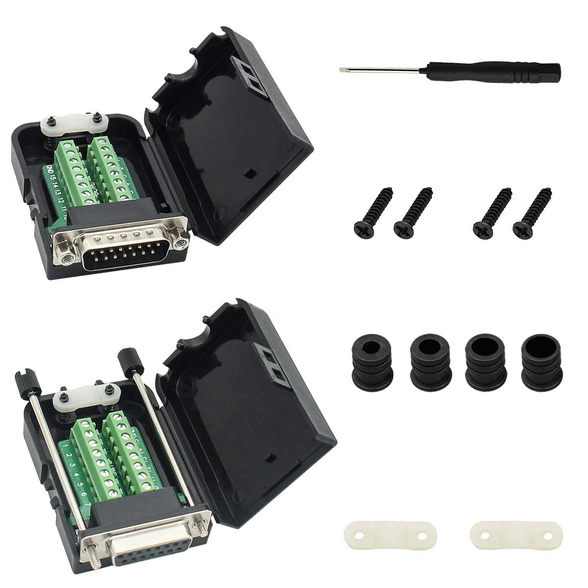 Youmile 2PCS DB15 D-SUB-Anschluss 15-polig Stecker und Buchse 2 ROW-Anschlüsse Adapter Breakout PCB Board für Heimwerker mit Schlitzschraubendreher + Kabelabdeckung Youmile 2PCS DB15 D-SUB-Anschluss 15-polig Stecker und Buchse 2 ROW-Anschlüsse Adapter Breakout PCB Board für Heimwerker mit Schlitzschraubendreher + Kabelabdeckung von Youmile