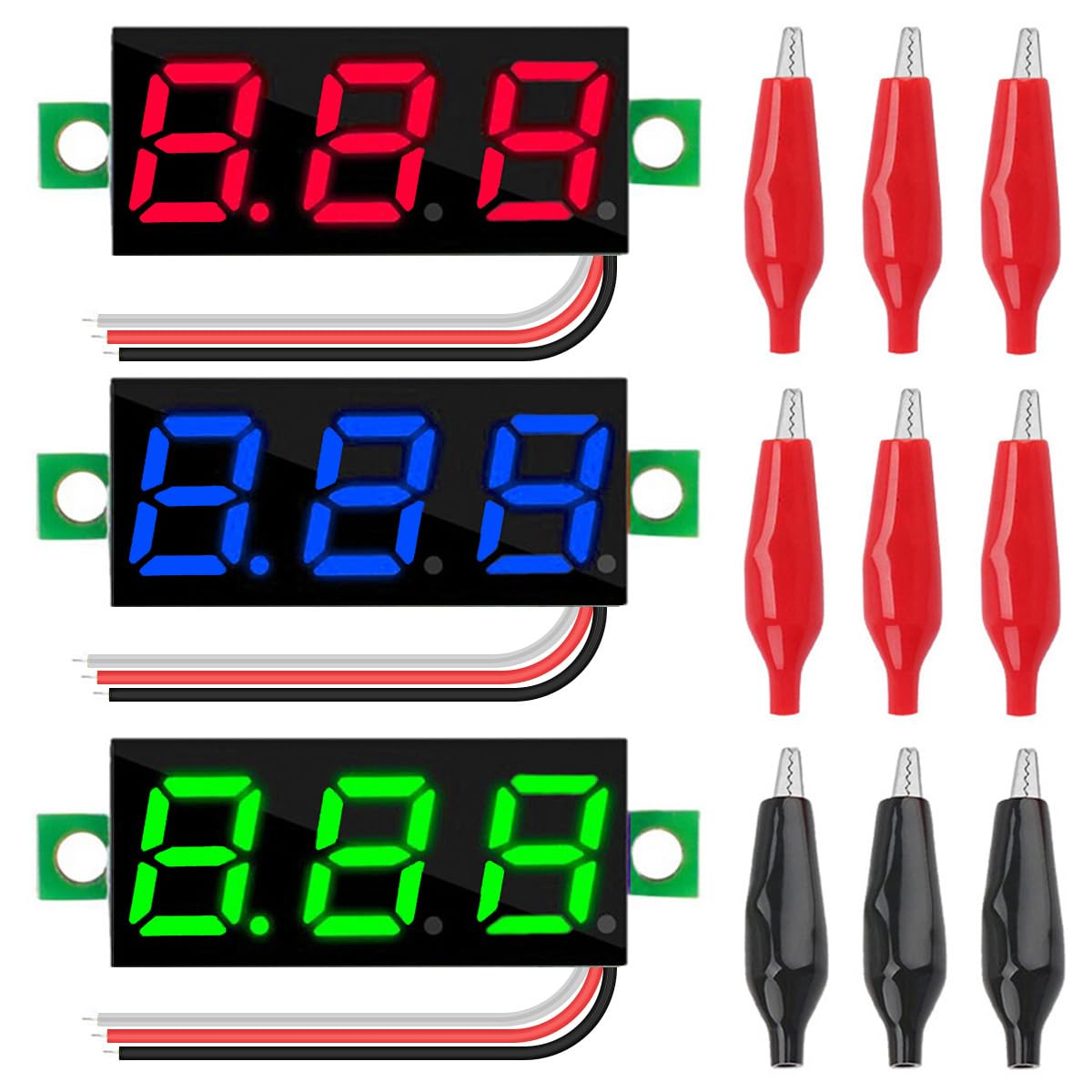 Youmile 3 Stück DC 0-100V Mini Digital Voltmeter 0,28 Zoll 3 Farbe Rot Grün Blau LED Anzeige Drei Draht Spannungsprüfer mit 9 Stück Krokodilklemme Youmile 3 Stück DC 0-100V Mini Digital Voltmeter 0,28 Zoll 3 Farbe Rot Grün Blau LED Anzeige Drei Draht Spannungsprüfer mit 9 Stück Krokodilklemme von Youmile