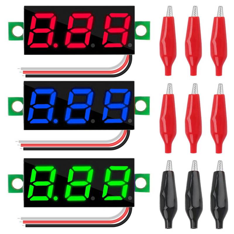 Youmile 3 Stück DC 0-100V Mini Digital Voltmeter 0,28 Zoll 3 Farbe Rot Grün Blau LED Anzeige Drei Draht Spannungsprüfer mit 9 Stück Krokodilklemme von Youmile