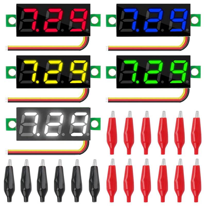 Youmile 5PCS DC 0-100V Mini Digital Voltmeter 0,28 Zoll 5 Farbe Rot Grün Gelb Blau Weiß LED Anzeige Drei Draht Spannungsprüfer mit 15PCS Krokodilklemme von Youmile