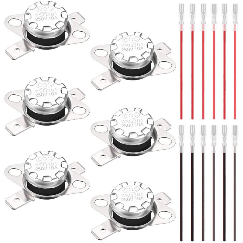 Youmile 6PCS KSD301 40°C / 104°F Thermostat Temperaturschalter 250 V 10 A Normalerweise geschlossener NC Wärmesteuerungsschalter für Mikrowellen mit 12 PC Crimpklemme mit Draht von Youmile