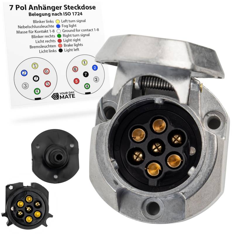 7+1 polige Steckdose, 1 Pack, Alu-Guss-Gehäuse, mit Abschaltautomatik, 7pol Steckdose nach ISO 1724 genormt, Steckanschluss für 12V Systeme, 7 pol Adapter Buchse mit Klappdeckel, 7pin Socket kit von Your Day Mate