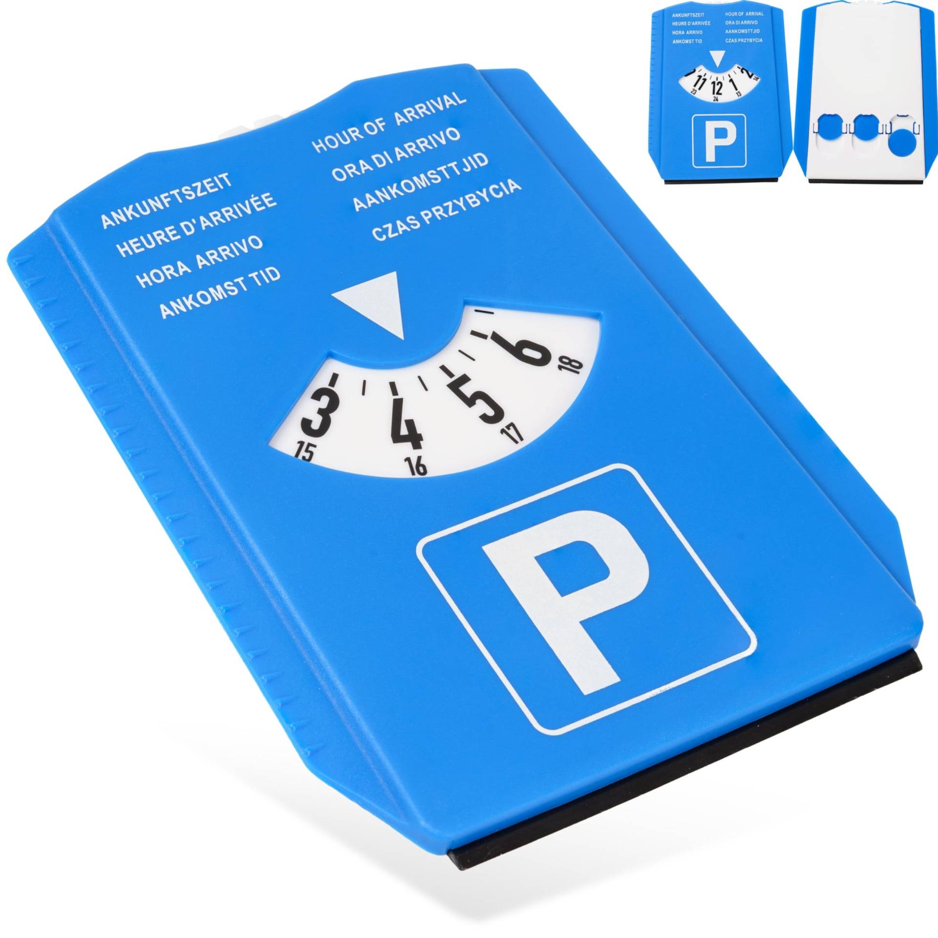 Parkscheibe mit Eiskratzer, 1 Stück, in Blau, mit acht Sprachen, Parkuhr inkl. 3 x Einkaufswagenchip, für Auto, LKW, Wohnmobil, Parking Disc Blue, Parkscheiben, Parkkarte, Park Scheibe Ankunftszeit von Your Day Mate