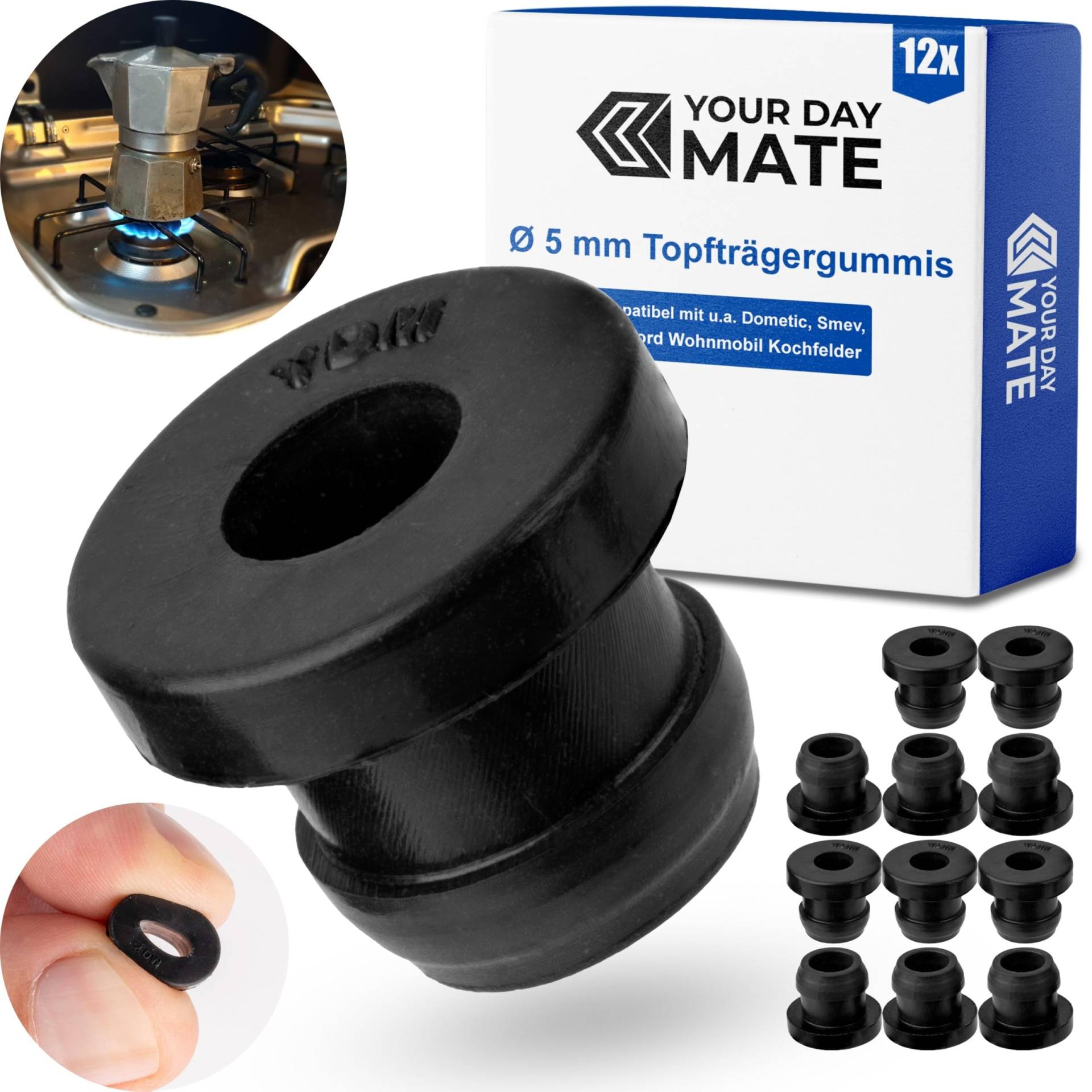 Topfträgergummis, 12 Stück, in Schwarz, aus Silikon, hitze-beständig, für Ø 5 mm Stäbe, kompatibel mit u.a. Dometic, Smev, Thetford Wohnmobil Kochfelder, Pfannenträger Gummis, Loch Stopfen Topfstützen Topfträgergummis, 12 Stück, in Schwarz, aus Silikon, hitze-beständig, für Ø 5 mm Stäbe, kompatibel mit u.a. Dometic, Smev, Thetford Wohnmobil Kochfelder, Pfannenträger Gummis, Loch Stopfen Topfstützen von Your Day Mate