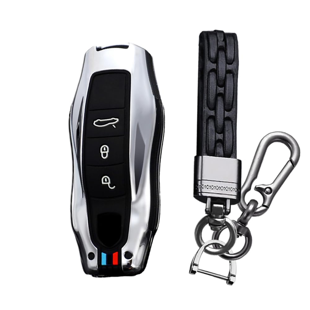 Ysbxitu Smart Autoschlüssel in Metall Auto Zubehör kompatibel mit Porsche Cayenne Panamera 911 971 9YA Macan Boxster Taycan Carrera Fernbedienung Cover Schlüsselgehäuse Auto Tuning-3 Tasten A Silber von Ysbxitu