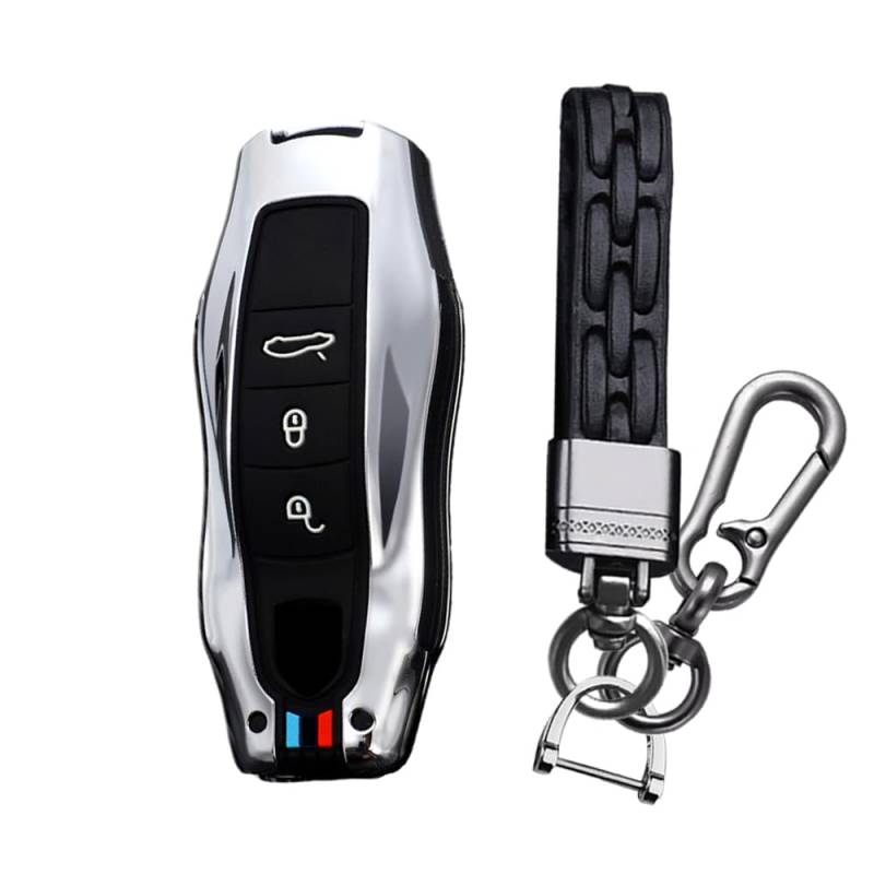 Ysbxitu Smart Autoschlüssel in Metall Auto Zubehör kompatibel mit Porsche Cayenne Panamera 911 971 9YA Macan Boxster Taycan Carrera Fernbedienung Cover Schlüsselgehäuse Auto Tuning-3 Tasten A Silber von Ysbxitu