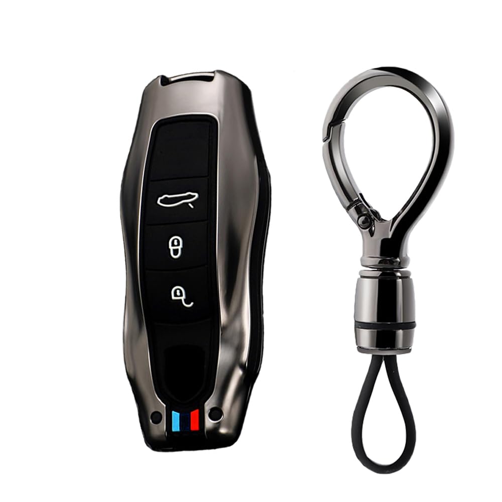 Ysbxitu Smart Autoschlüssel in Metall Auto Zubehör kompatibel mit Porsche Cayenne Panamera 911 971 9YA Macan Boxster Taycan Carrera Fernbedienung Cover Schlüsselgehäuse Auto Tuning-3 Tasten B Schwarz von Ysbxitu