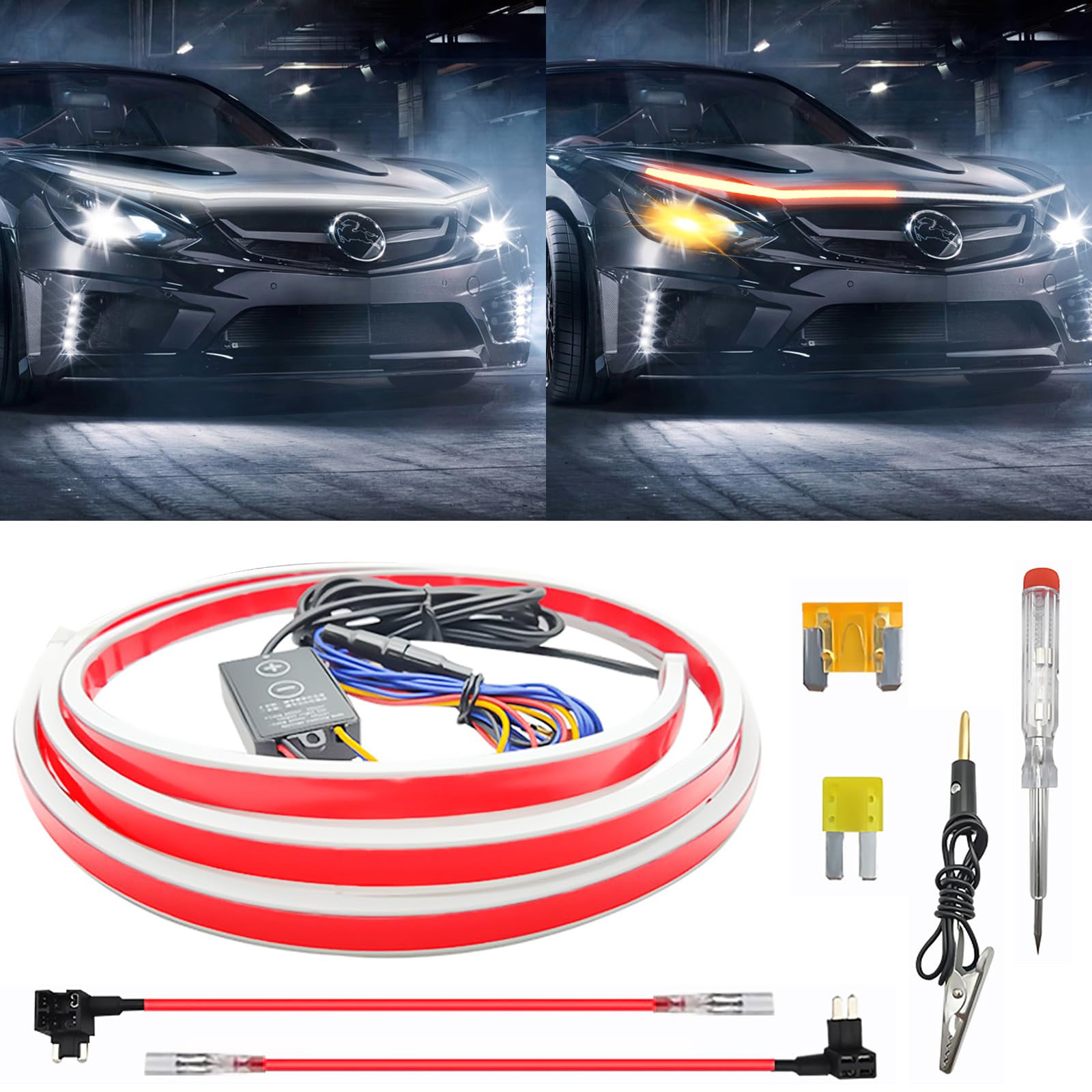 Universal Auto Tagfahrlicht, Auto Motorhaube Lichtstreifen Wasserdichtes 2-farbiges Licht Flexible Waterproof Auto Streifen Licht Dynamic Scan Start Up Kit Auto Motorhaube Lichtstreifen (Gelb, 240cm) von Ysislybin