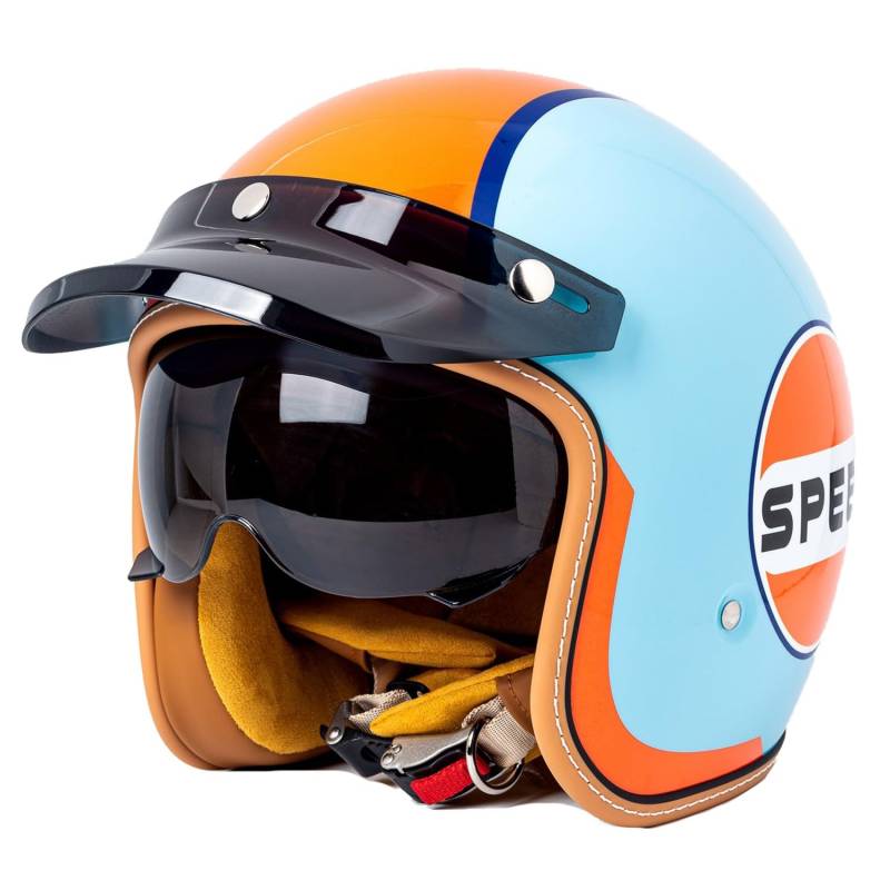 Retro Oldtimer Halbschale Jethelm Motorrad-Helm DOTECE-Zulassung 3/4 Motorradhelm Halbschalenhelm Rollerhelm Cruiser Chopper Mit Sonnenblende Offener Helm Für Damen Herren 1,L:59-60CM von YuanLiang