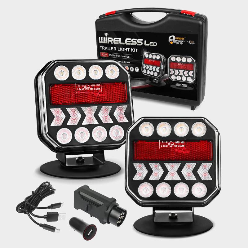 Yuanjoy LED Magnetisches Kabelloses Anhänger Rücklicht Set,12V Drahtlose Dynamisches Richtungs Rücklicht mit Verstellbarem Magnetischem Klebesockel, für Wohnmobile Boote Fahrzeuge Caravans von Yuanjoy