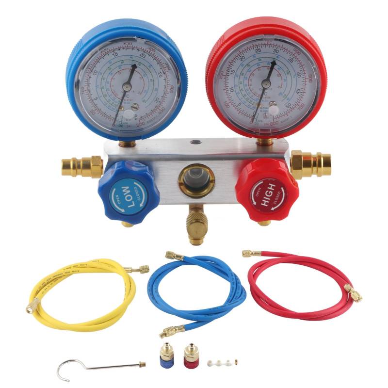 Yuecoom 3 -Wege -AC -Diagnose -Verteiler -Messgerät Kältemittel Ladewerkzeug Kit R410A R22 R404 Weißer Hintergrund Schwarzer Zeiger Universal Fit von Yuecoom