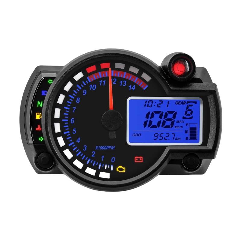 Universal 12V Motorrad Dashboard Tachometer Digital Tachometer Kilometerzähler Drehzahlmesser Geschwindigkeit Sensor 7-farbe Display Tachometer Digital von Yuegtik
