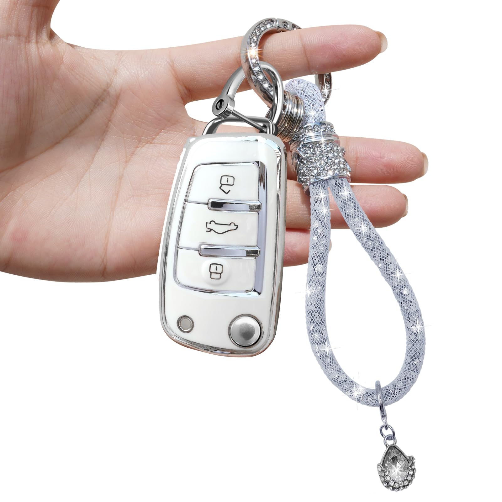 Yumzeco 3 Tasten Silicone TPU Autoschlüssel Hülle Cover mit glänzendem Diamant Schlüsselband, Kompatibel mit Audi A1 A3 A4 A5 A6 Q3 Q5 Q7 S3 S4 RS5 RS6 TT, Auto Keyless Smartkey Schutzhülle-Weiß von Yumzeco