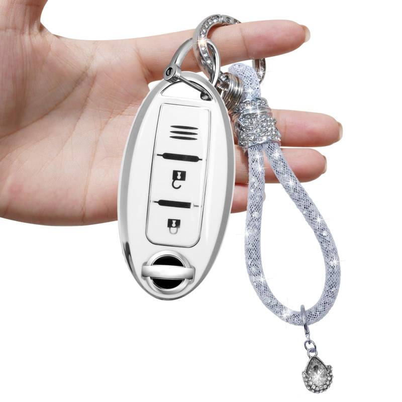 Yumzeco 3 Tasten Silicone TPU Autoschlüssel Hülle Cover mit glänzendem Diamant Schlüsselband,Kompatibel mit Nissan T31 T32 J10 J11 350Z 370Z Murano Juke FX35, Nissan Key case Schutzhülle-Weiß von Yumzeco