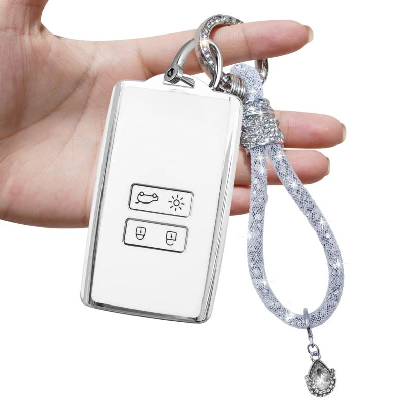 Yumzeco 4 Tasten Silicone TPU Autoschlüssel Hülle Cover mit glänzendem Diamant Schlüsselband, Kompatibel mit Renault Koleos Clio Megane Duster Kadjar, Auto Keyless Smartkey Schutzhülle-Weiß von Yumzeco
