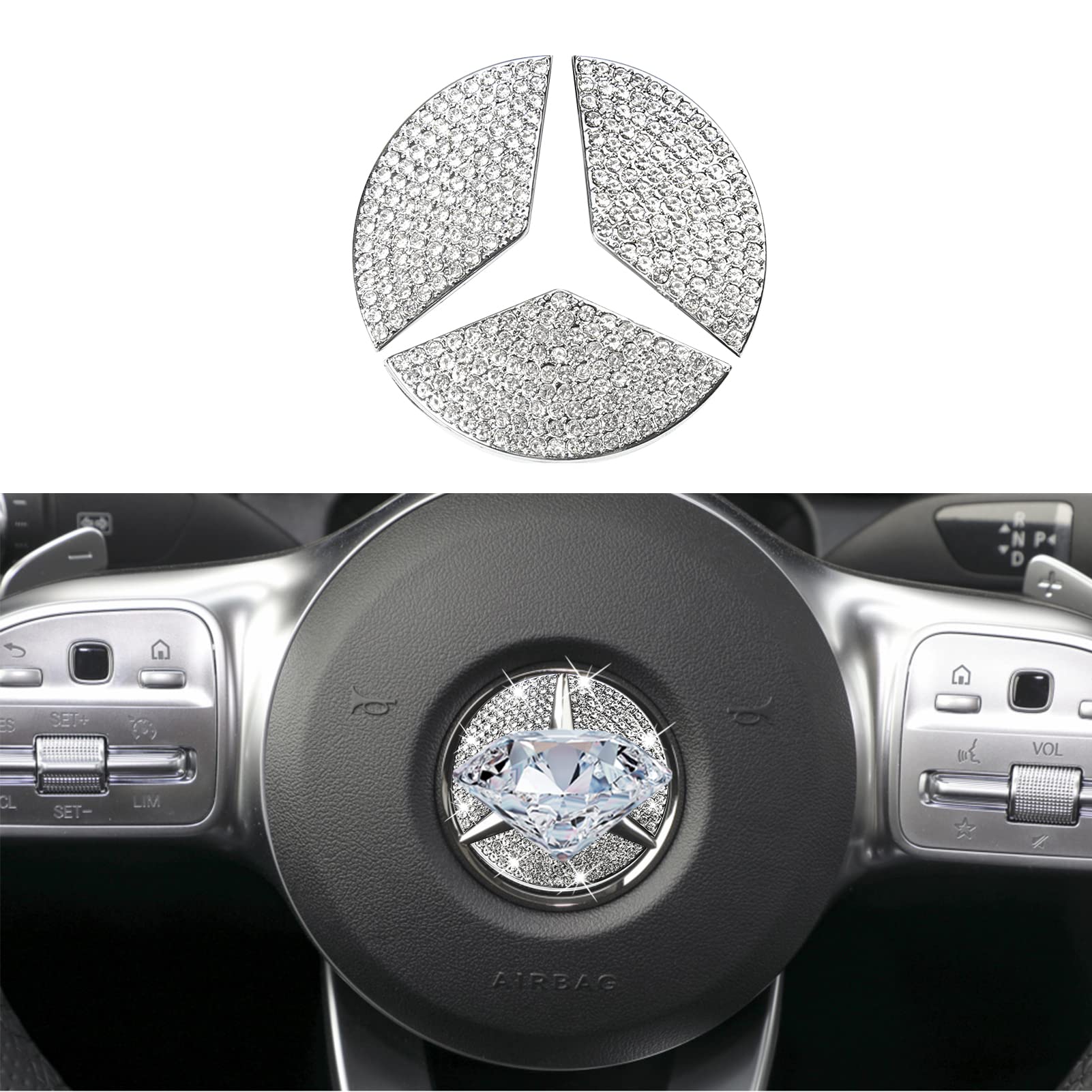 Yumzeco 49MM Bling Crystal Lenkrad-Emblem Kompatibel mit Mercedes-Benz,Bling-Zubehör für die Fahrzeuginnenausstattung,Aufkleber Crystal Diamond Logo,Lenkaufkleber für dekorative Kristalle aus Rädern von Yumzeco