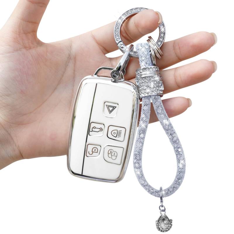 Yumzeco 5 Tasten Silicone TPU Autoschlüssel Hülle Cover mit glänzendem Diamant Schlüsselband, Kompatibel mit Range Rover Discovery Sport Jaguar XE XJ F-Type, Auto Keyless Smartkey Schutzhülle-Weiß von Yumzeco