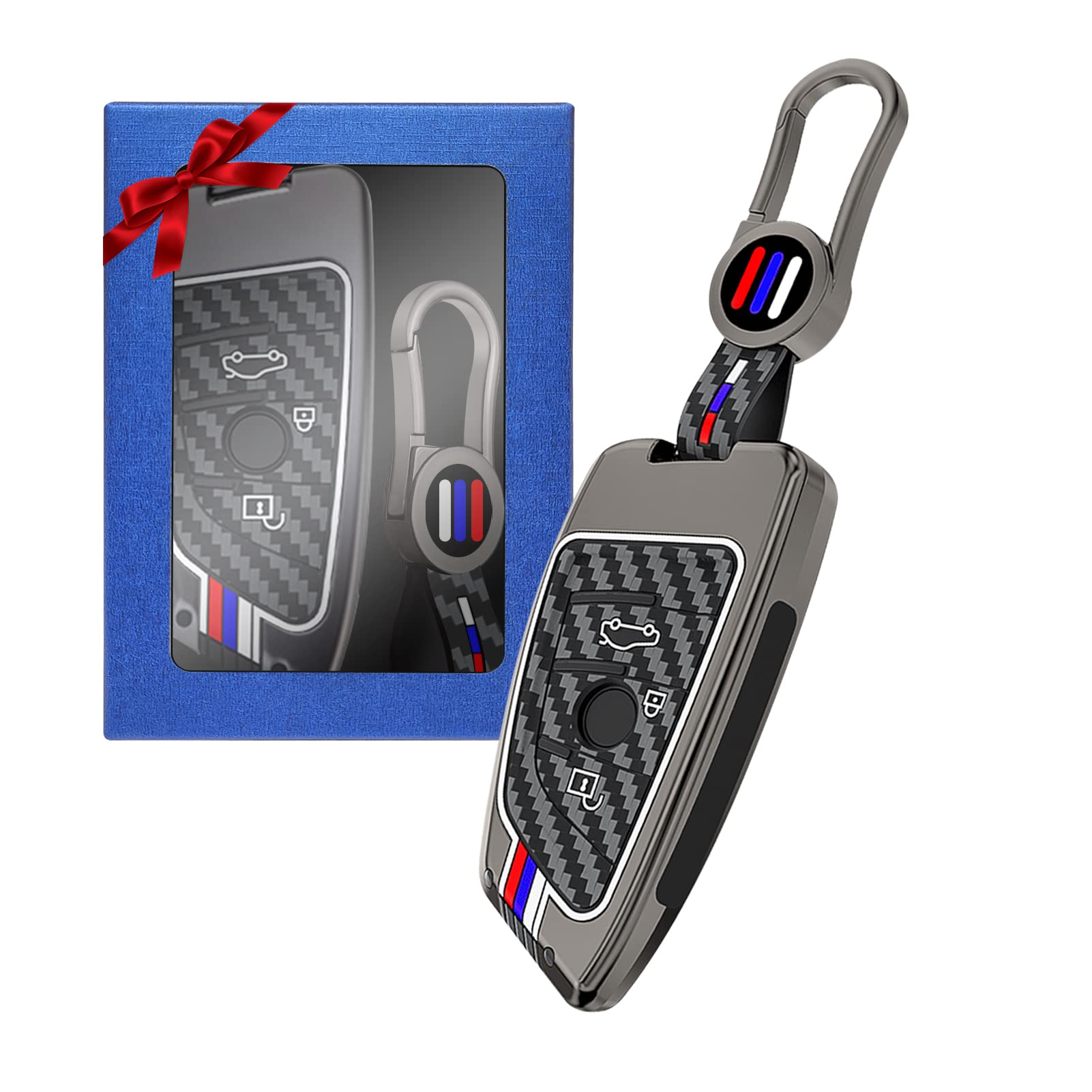 Yumzeco Autoschlüsselhülle aus Zinklegierung, kompatibel mit BMW 2' F45/F46 5' G30/G31 X1' F48 X3' G01 X4' G02 X5' F15, Schlüsseletui, Kohlefaser-Muster, Schlüsseletui mit Schlüsselanhänger Keyless von Yumzeco