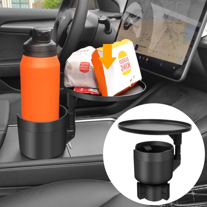 Yumzeco Getränkehalter Auto mit Tablett, Halterung für Auto Becherhalter, Multifunktionale Universal Becherhalter mit 360°Verstellbares Tragbarer Schwenk Tablett, Getränkehalter mit Verstellbar Basis von Yumzeco