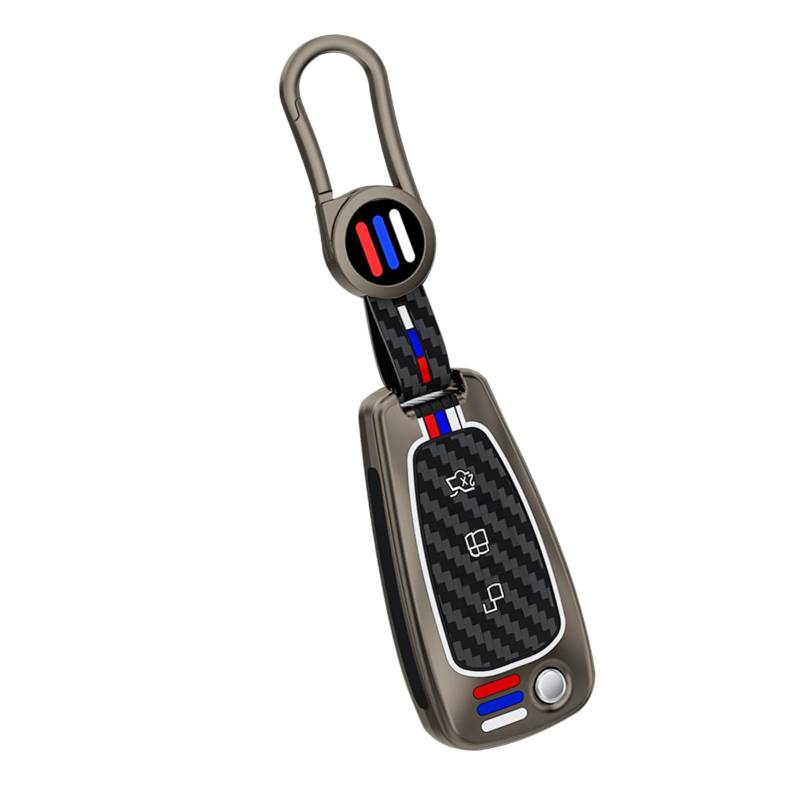 Yumzeco Zink Legierung Autoschlüssel Hülle Cover, 3-Tasten Auto Schlüsselhülle Cover Kompatibel mit Ford Focus Fiesta Kuga Custom Transit,Silicone TPU Kohlefaser-Muster Smartkey Schutzhülle Grau von Yumzeco