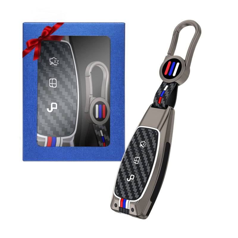 Yumzeco Zink Legierung Autoschlüssel Hülle Cover, 3-Tasten Auto Schlüsselhülle Cover Kompatibel mit Ford Fusion Focus Fiesta Kuga C-Max Galaxy,Silicone TPU Kohlefaser-Muster Smartkey Schutzhülle Grau von Yumzeco