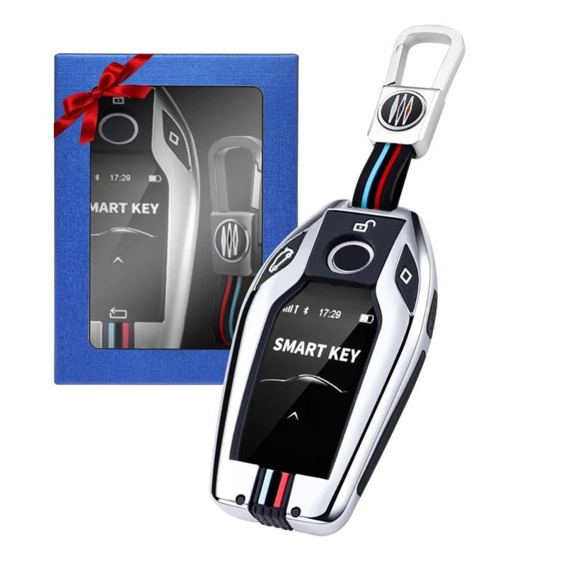 Yumzeco Zinklegierung Autoschlüssel Hülle Keyless Kompatibel mit 5 7 I8 M Serie G30 G31 X3 X4 X5 X6 X7 Schlüsselhülle mit Silicone TPU Schlüssel Cover Schutzhülle mit Schlüsselanhänger Silber von Yumzeco