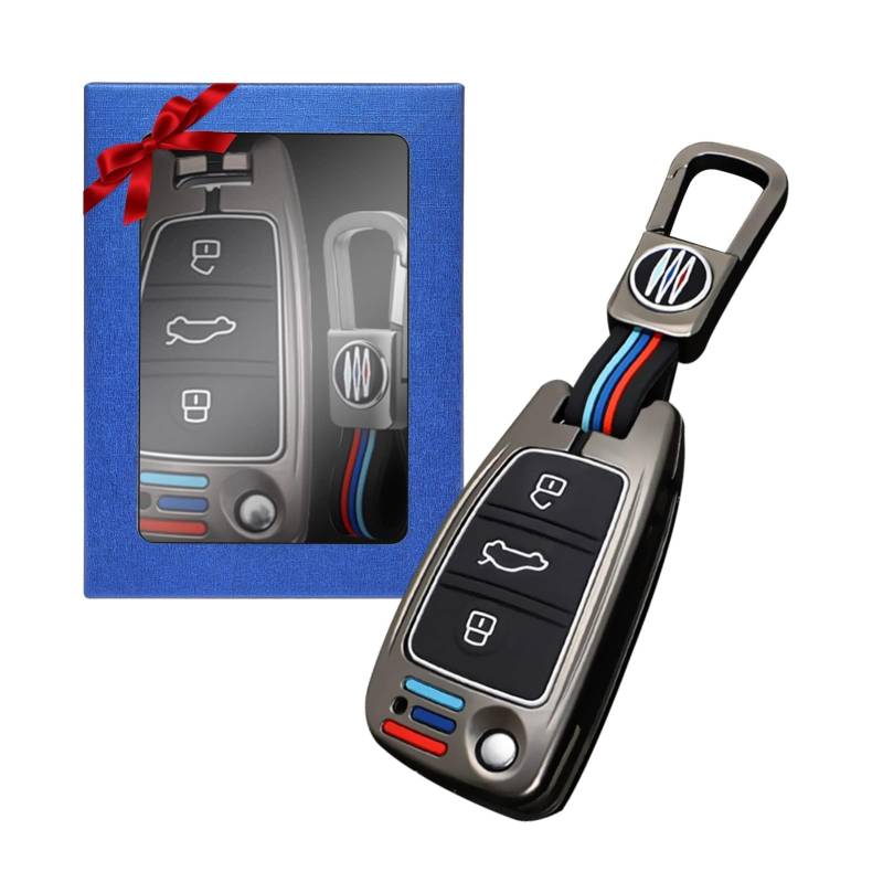 Yumzeco Zinklegierung Autoschlüssel Hülle Keyless Kompatibel mit A1 A3 A4 A5 A6 Q3 Q5 Q7 S3 S4 RS5 RS6 TT Schlüsselhülle mit Silicone TPU Schlüssel Cover Schutzhülle mit Schlüsselanhänger Grau von Yumzeco