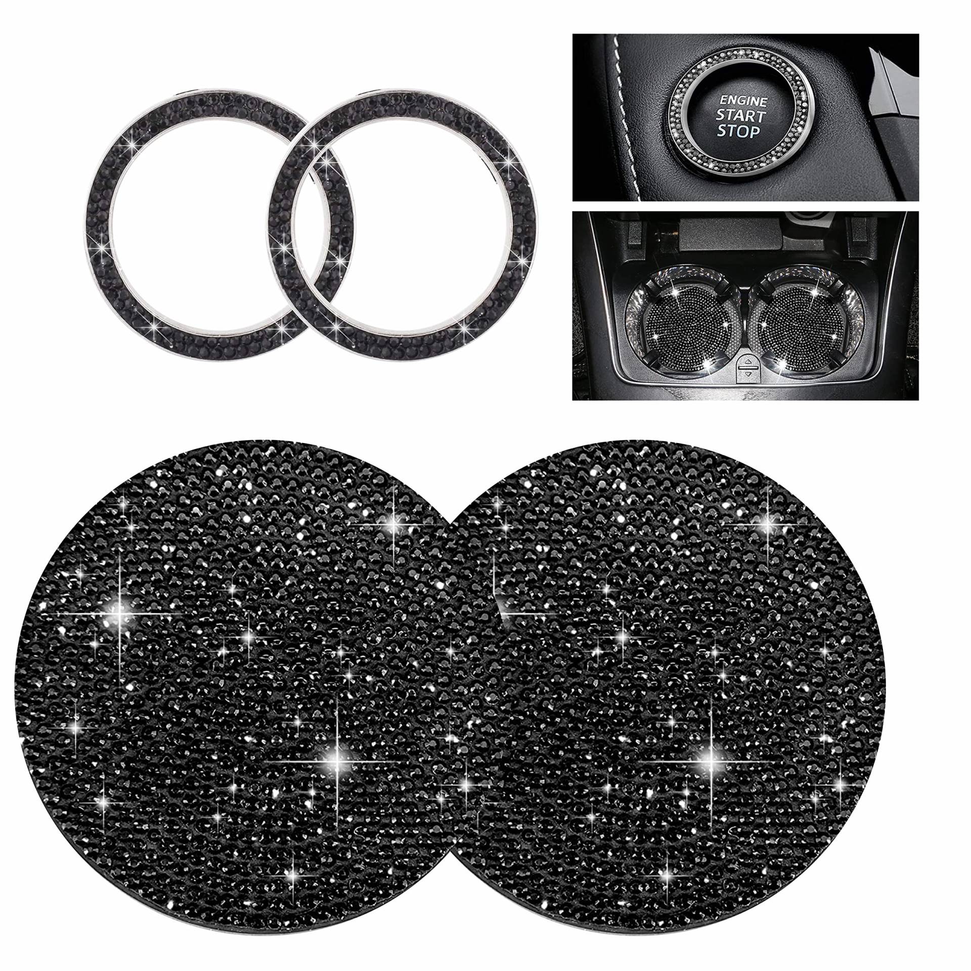 Yungeln 2 Stück Auto Getränkehalter Untersetzer + 2 Stück Start Stop Button Ring Kristall Bling Bling Strass Auto Dekor Zubehör - Schwarz von Yungeln