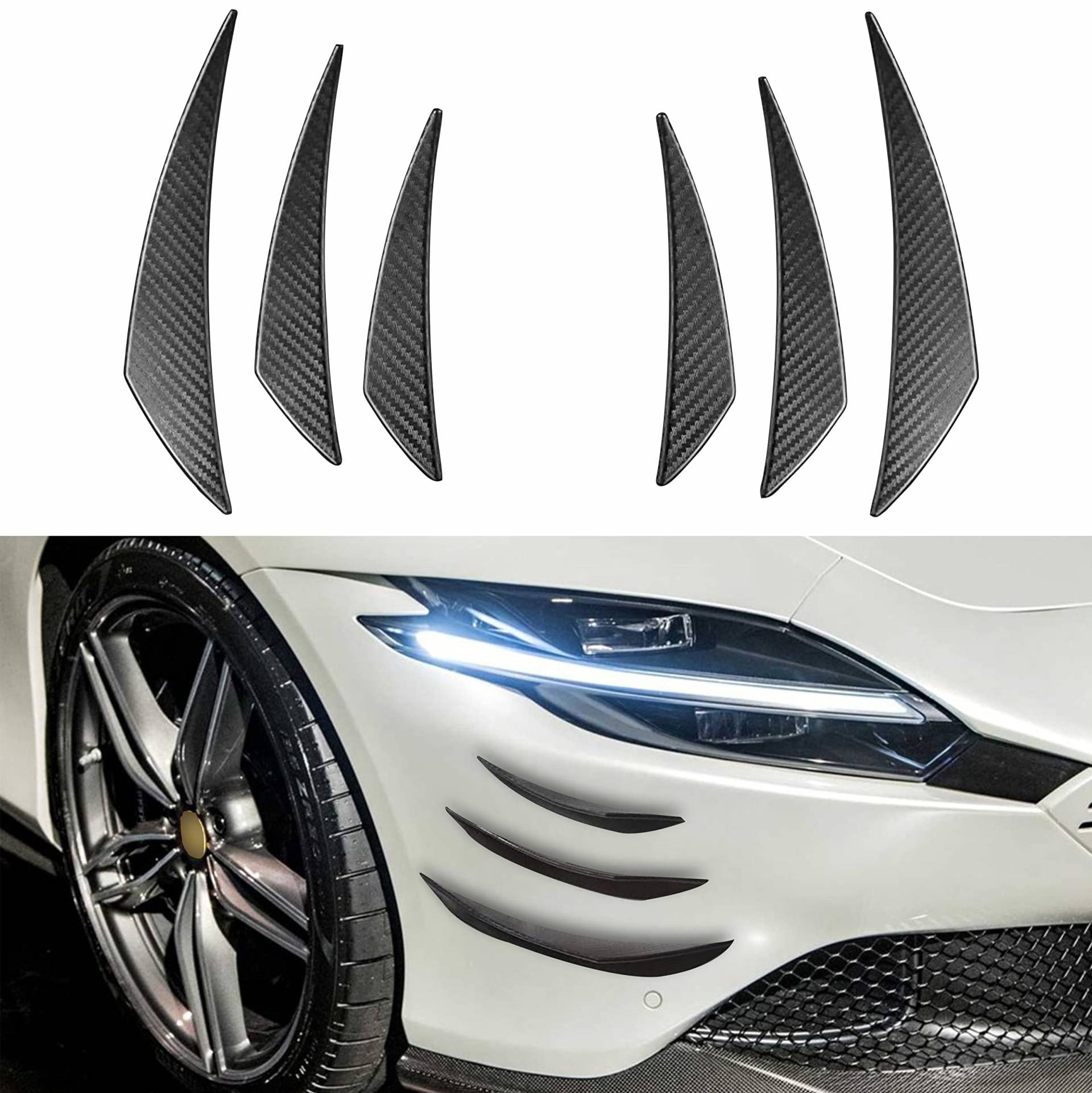 Yungeln 6 Stücke Universal Auto Frontspoiler Frontstoßstange Spoiler Kohlefaser Luftdurchfluss Luftzufuhr Spoilerlippe Frontstoßstange Verzierung - Lochlose Installation von Yungeln