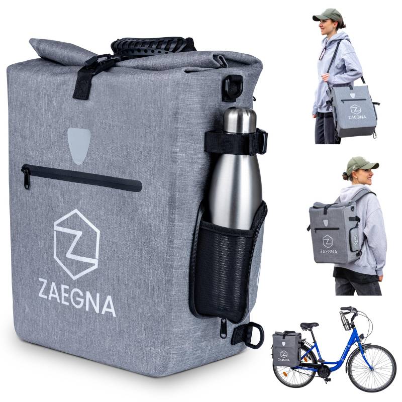 ZAEGNA 3 in1 Fahrradtasche für Gepäckträger - wasserdichte Fahrrad-Gepäcktasche, Rucksack & Umhängetasche - Fahrrad Tasche mit Laptopfach & Bodenplatte (Grau) von ZAEGNA