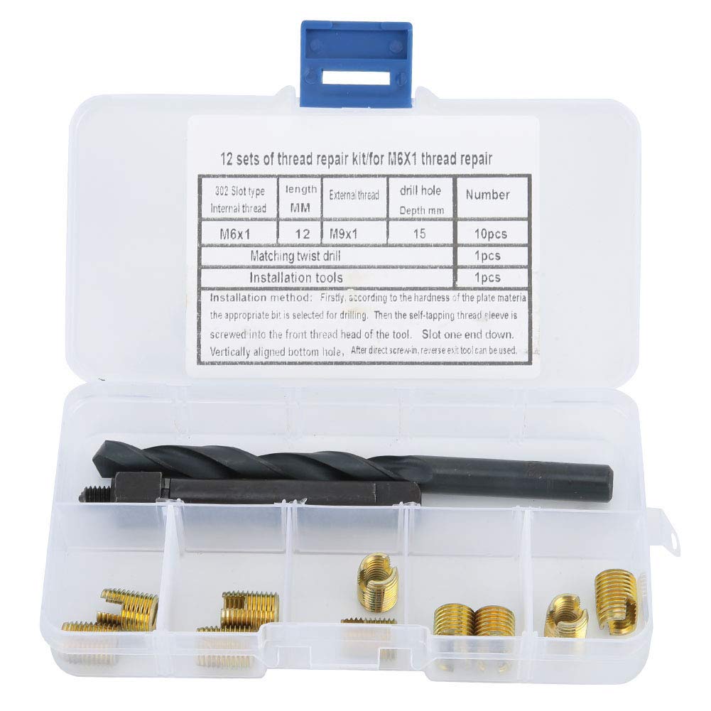 ZAWELIYO M6x1 -Fadenreparatur -Kit - 12pcs Selbstkippkalkenstahleinsätze mit Bohrbit und Werkzeug für Automobile, Industrial (M9x1 OD) von ZAWELIYO