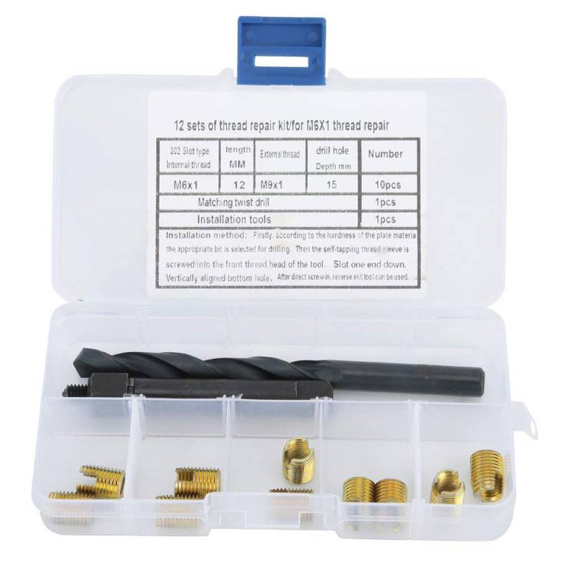 ZAWELIYO M6x1 -Fadenreparatur -Kit - 12pcs Selbstkippkalkenstahleinsätze mit Bohrbit und Werkzeug für Automobile, Industrial (M9x1 OD) von ZAWELIYO