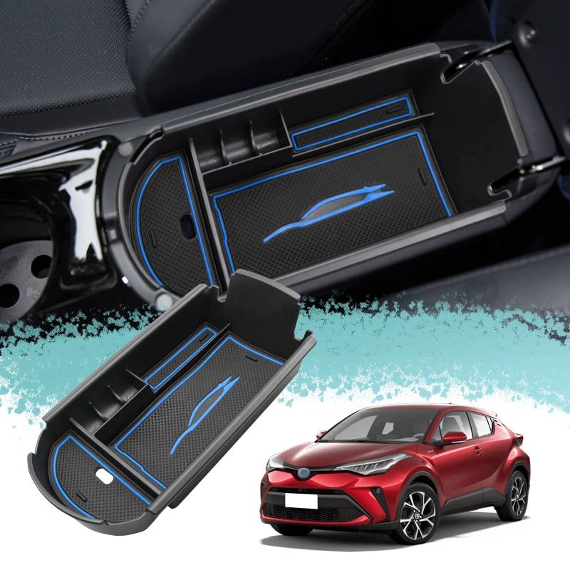 ZCLINKO Kompatibel mit Toyota C-HR CHR 2016-2021 2022 2023 Auto Mittelkonsole Armlehnen Aufbewahrungsbox Handschuhfach Organizer für Zubehör Tuning mit Rutschfester Matte (Blau) von ZCLINKO