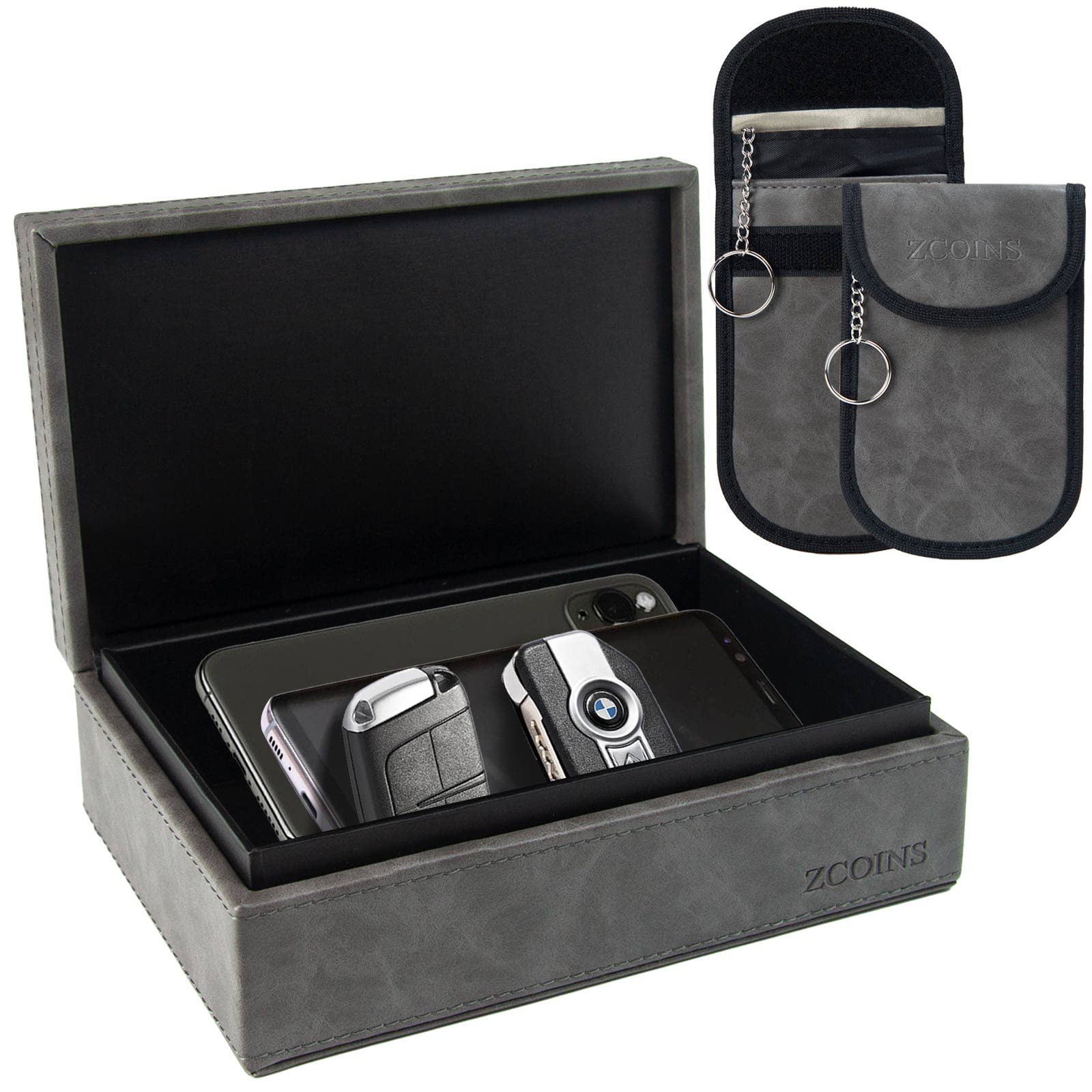 ZCOINS Keyless Go Schutz Set – Faraday Box & 2 Faraday Bag für Autoschlüssel, Signalblocker mit Doppelschicht-Abschirmung, RFID-Blocker – Universal für Keyless Entry (Grau, Large) von ZCOINS