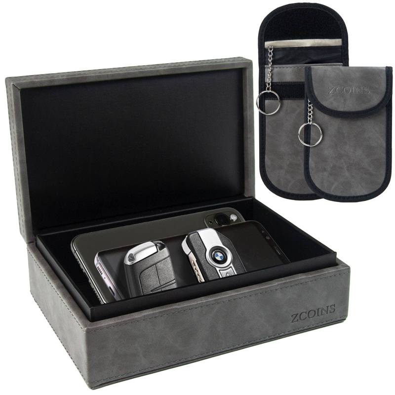 ZCOINS Keyless Go Schutz Set – Faraday Box & 2 Faraday Bag für Autoschlüssel, Signalblocker mit Doppelschicht-Abschirmung, RFID-Blocker – Universal für Keyless Entry (Grau, Large) von ZCOINS
