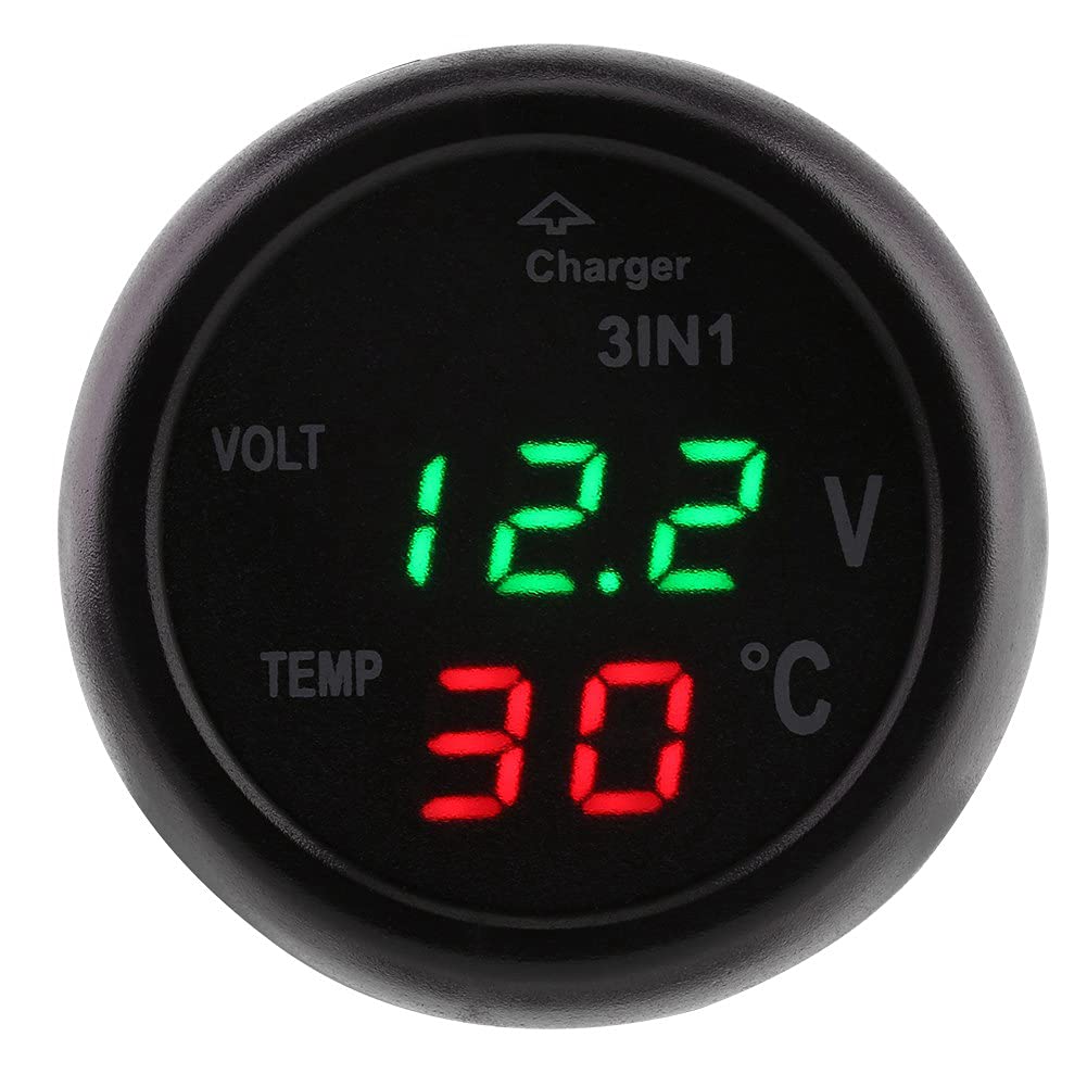 Zigarettenanzünder-Voltmeter-Thermometer, USB-Autoladegerät 3-in-1 mit Dual-LED-Anzeige für 12-V-24-V-Fahrzeuge, Schnelles Laden, 5-V-2,1-A-Ausgang (Grün + Rot) von ZDETGU