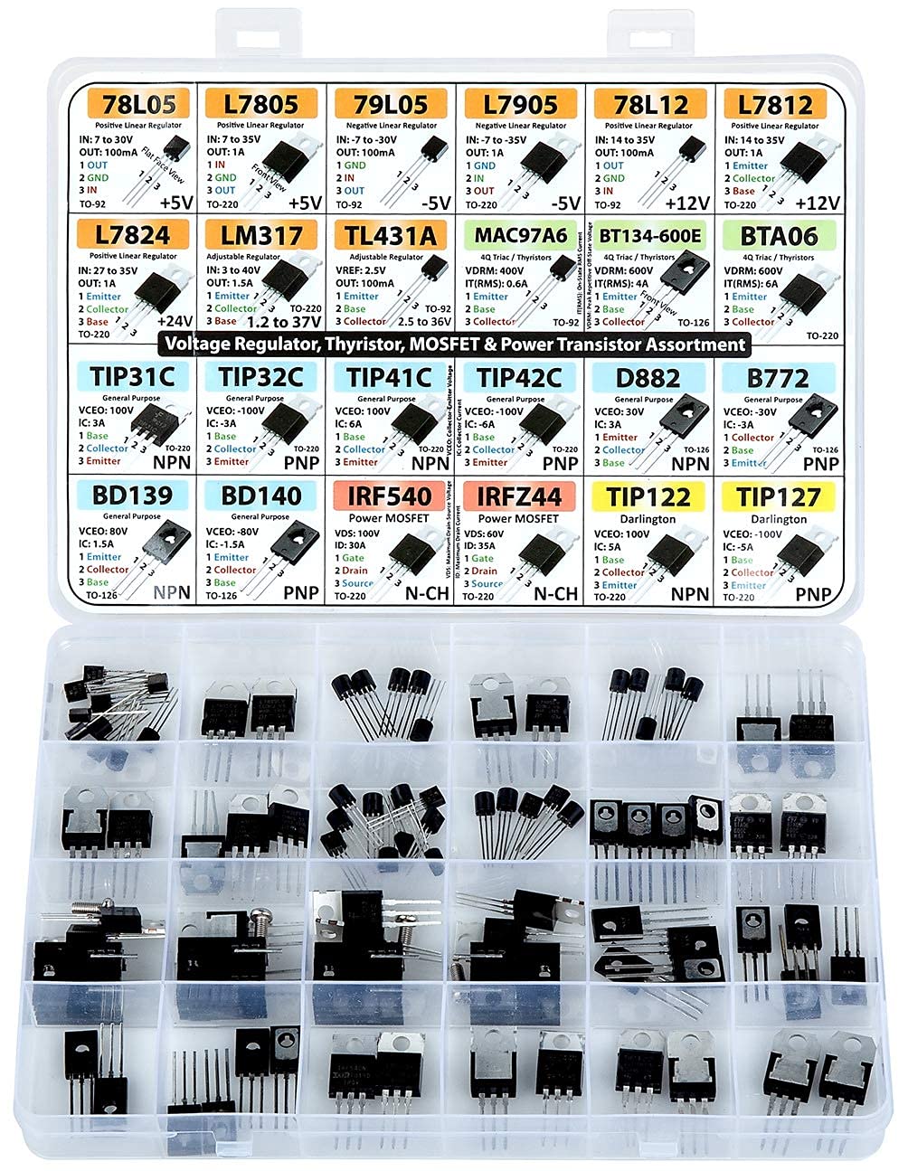 Power Transistor & Spannungsregler, Mosfet, Thyristor Sortiment Kit, 82 Stück, 24 Typen, 78L05 L7805 L7905 LM317 TL431 MAC97A6 BTA06 TIP3c TIP41c TIP42c D882 BC140 IR. F540 IRFZ44 TIP122 usw. Power Transistor & Spannungsregler, Mosfet, Thyristor Sortiment Kit, 82 Stück, 24 Typen, 78L05 L7805 L7905 LM317 TL431 MAC97A6 BTA06 TIP3c TIP41c TIP42c D882 BC140 IR. F540 IRFZ44 TIP122 usw. von ZEBULON