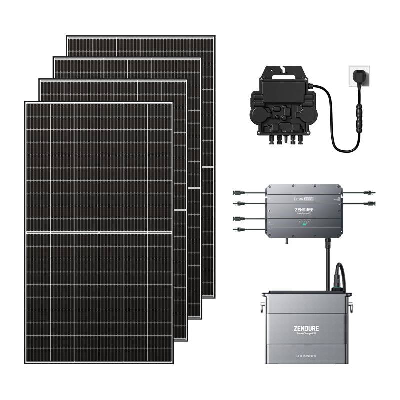 Zendure SolarFlow Balkonkraftwerk mit Speicher, Hub 2000 mit 1800 W Solar Eingang, 1200W Ausgang, AB2000S 1920 Wh LiFePO4 Akku, 2000W Solarpanels, APsystems EZ1-M 800W Mikrowechselrichter von ZENDURE SuperCharged