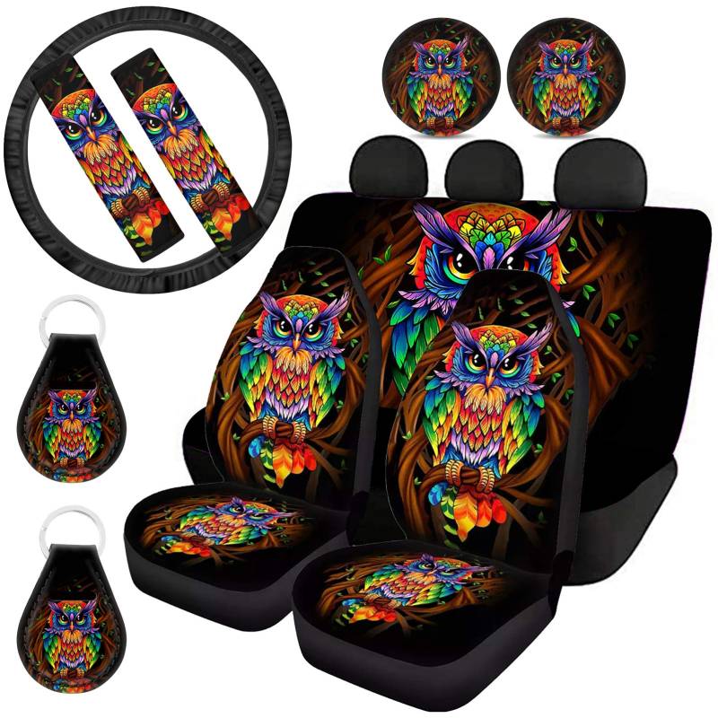 ZFRXIGN Autositzbezüge mit Regenbogen-Eule, komplettes Set mit dehnbarem Lenkradbezug, Sicherheitsgurtbezug, Getränkehalter-Untersetzer, Schlüsselanhänger, Tribal-Tierdruck, Autozubehör-Set von ZFRXIGN