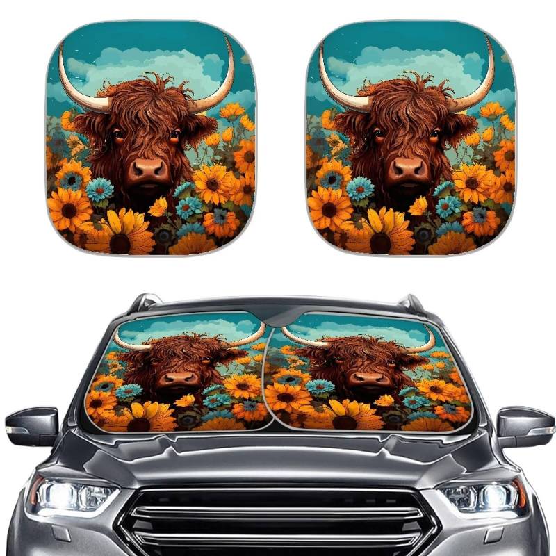 ZFRXIGN Highland Rinder Sonnenblume Auto Windschutzscheibe Sonnenschutz für Frauen Auto Dekor Auto Frontscheibe Sonnenschutz Visier Abdeckung Sonnenschutz Wildtiere Kuh Western von ZFRXIGN