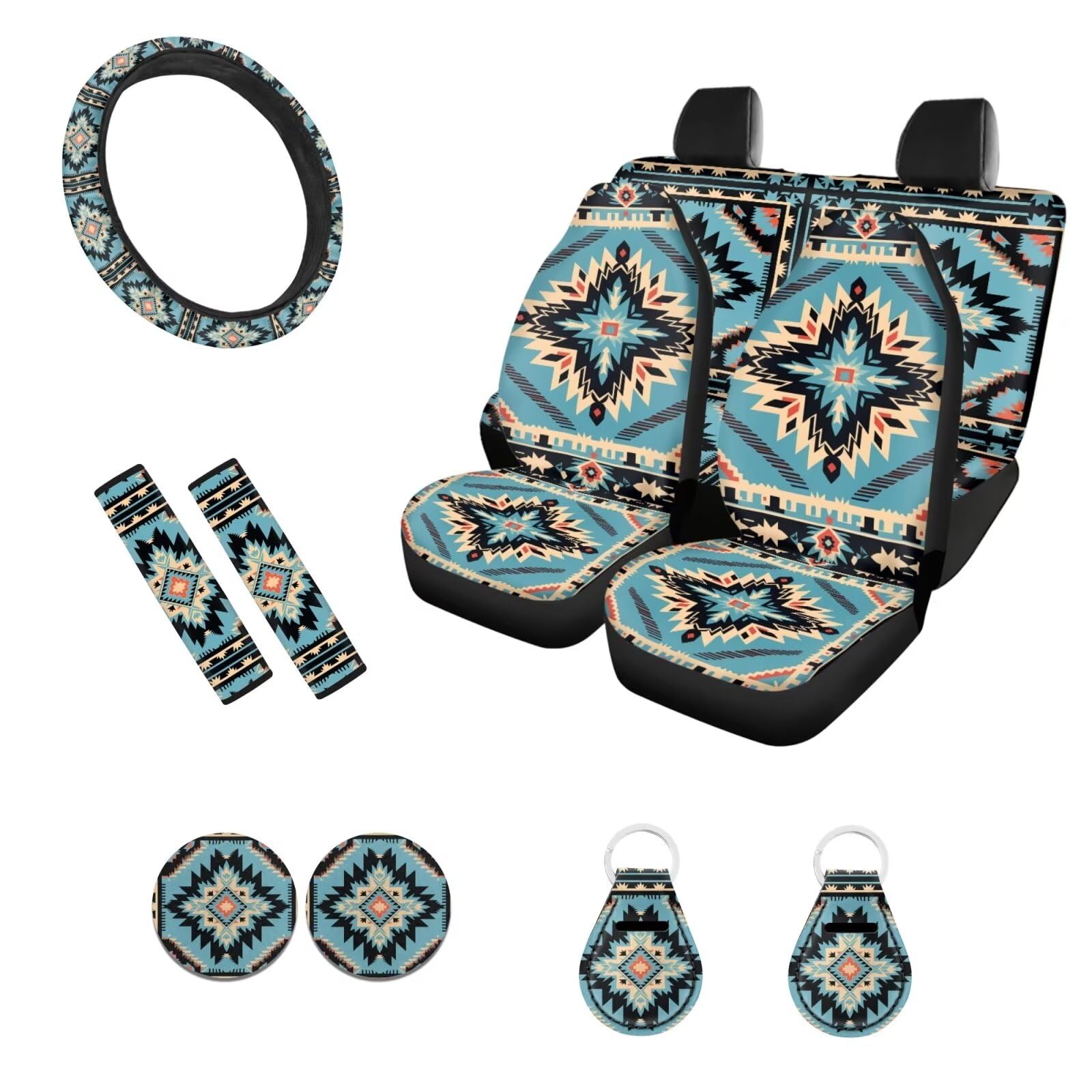 ZFRXIGN Western-Autositzbezüge für Damen, komplettes Set, Autozubehör, Tribal Navajo, Auto-Lenkradbezug, Sicherheitsgurtpolster für SUV, Kofferraum, Schlüsselanhänger, Untersetzer, 11 Stück ZFRXIGN Western-Autositzbezüge für Damen, komplettes Set, Autozubehör, Tribal Navajo, Auto-Lenkradbezug, Sicherheitsgurtpolster für SUV, Kofferraum, Schlüsselanhänger, Untersetzer, 11 Stück von ZFRXIGN