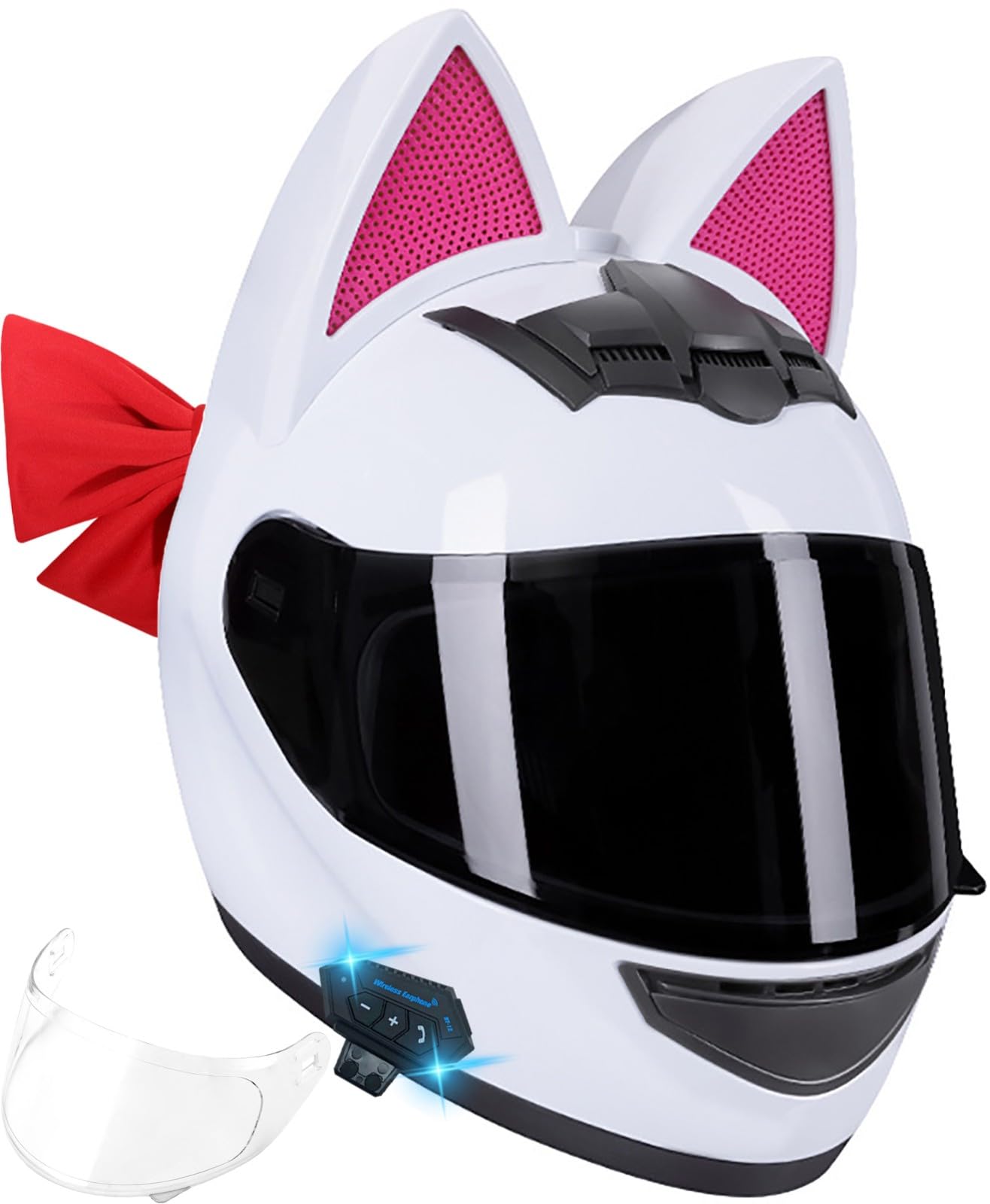 Bluetooth-Helm Für Mädchen Damen-Katzenohren-Integral-Motorradhelm Herausnehmbares Innenfutter Mit Bluetooth-Katzenohren-Integralhelm Für Straßenrennen Motocross DOT/ECE-Geprüft 9,S(50-53CM) von ZGFHTY