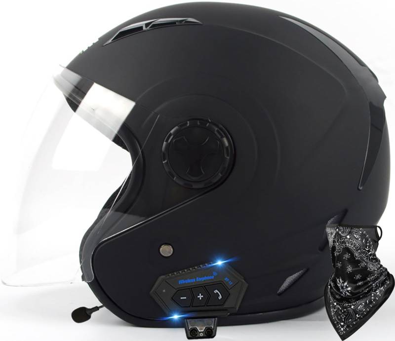 Bluetooth-Helm Mit Offenem Gesicht Leichter Motorradhelm Mit Verlängertem Visier Jet-Motorradhelm Für Erwachsene Männer Und Frauen Motorrad-Halbgesichtshelm ECE/DOT-Geprüft 1,XL(61-62CM) von ZGFHTY