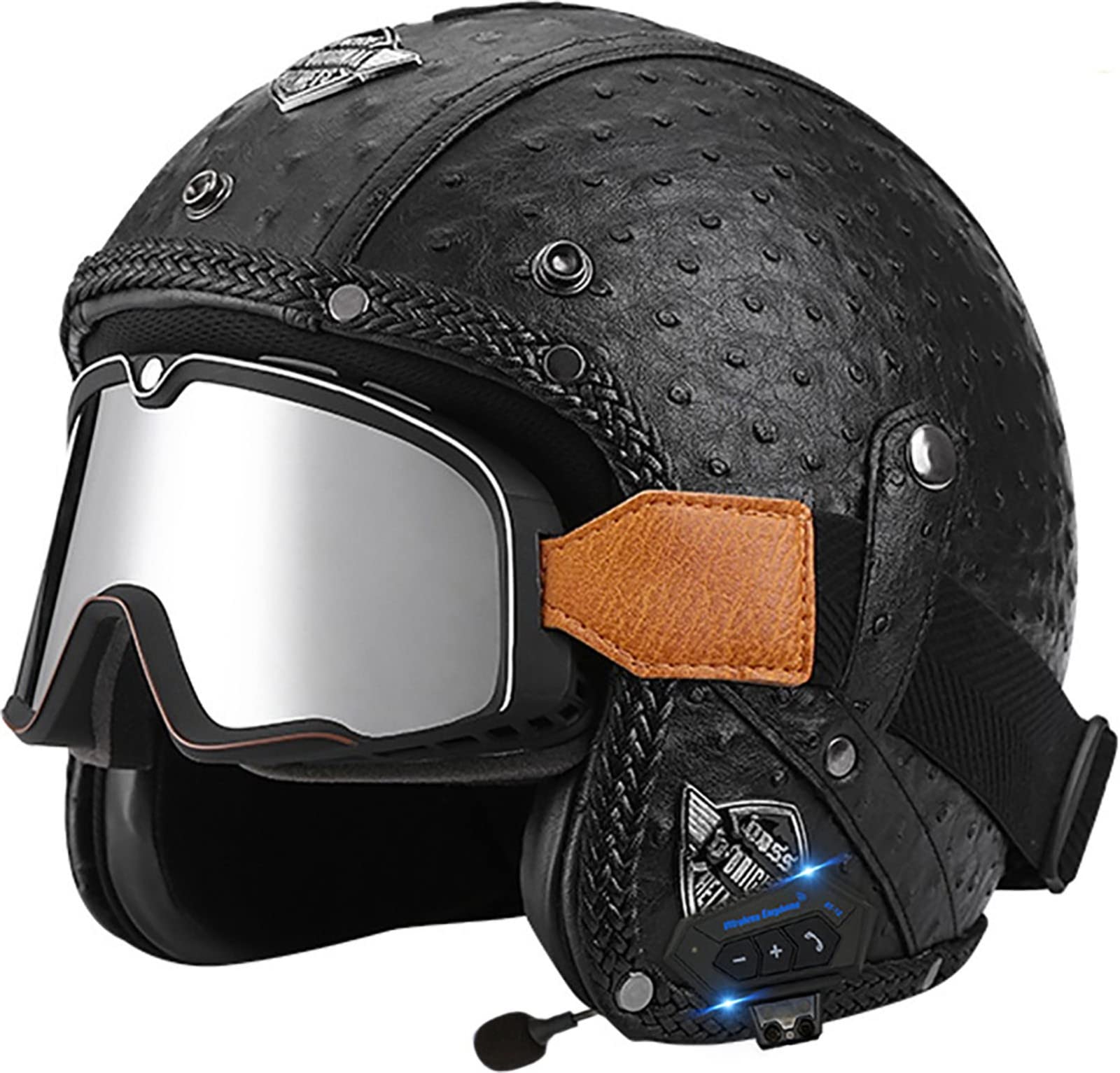 Bluetooth-Leder-Jethelm Vintage-Motorradhelm Mit Großer Rahmenbrille Offener Helm Für Erwachsene Männer Und Frauen Straßenrennen Motorrad Cruiser DOT/ECE-Geprüft 7,L(59-60CM) von ZGFHTY