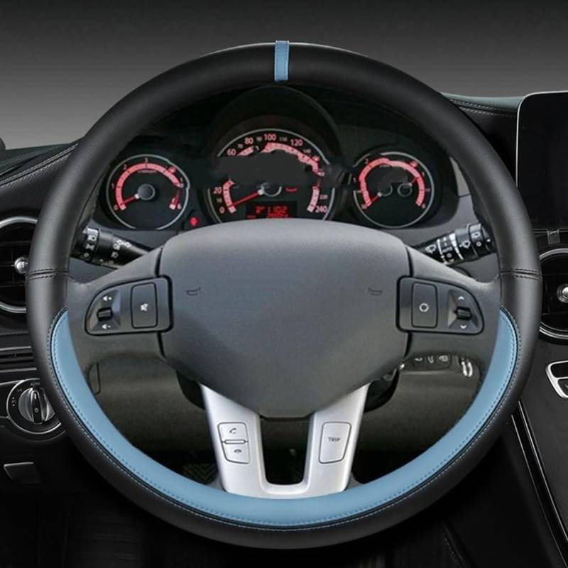 Leder Auto Lenkradbezug für Peugeot 2008 2013-2018, Maßgeschneidert Anti-rutsch Atmungsaktives Lenkradhülle, Nappaleder Auto Lenkrad Abdeckung,A Blue-O-Style von ZHAOYIJIE