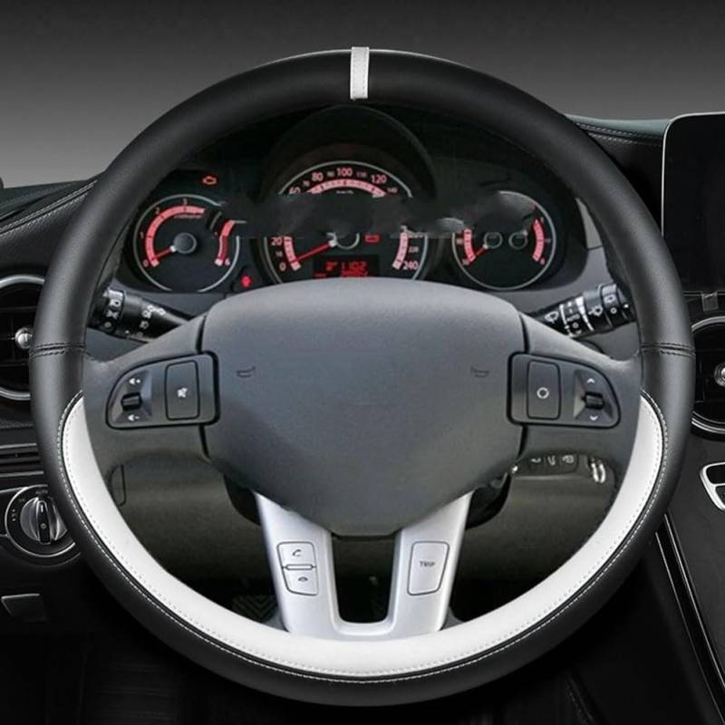 Leder Auto Lenkradbezug für VW Transporter T5 T5.1 2003-2015, Maßgeschneidert Anti-rutsch Atmungsaktives Lenkradhülle, Nappaleder Auto Lenkrad Abdeckung,A White-O-Style von ZHAOYIJIE