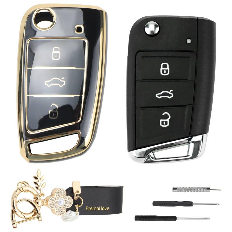 3 Tasten Autoschlüssel Gehäuse mit Schlüsselhülle Set für VW Golf 7 VW Polo MK7 Octavia Tiguan A7 Seat Schlüsselgehäuse Fernbedienung Auto Schlüssel Hülle Schlüsselcover Schlüsselschutz von ZIGefofo