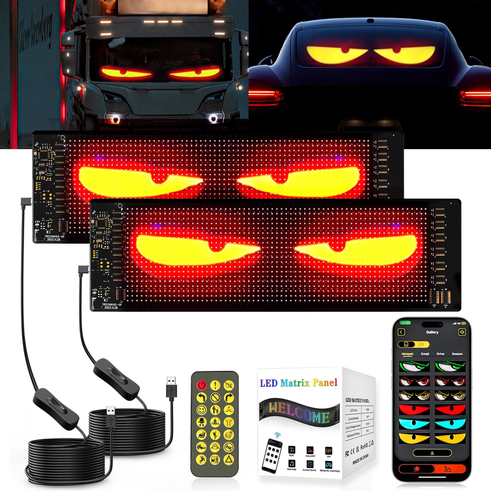 ZIMAOER LED Augen für LKW, Teufelsaugen Lichter für Autos, Flexibles LED-Display, Großes Programmierbares Schild Design für Auto, LKW, Geschäft, DIY Dynamische Werbung (2er 10.2x34.8cm) von ZIMAOER